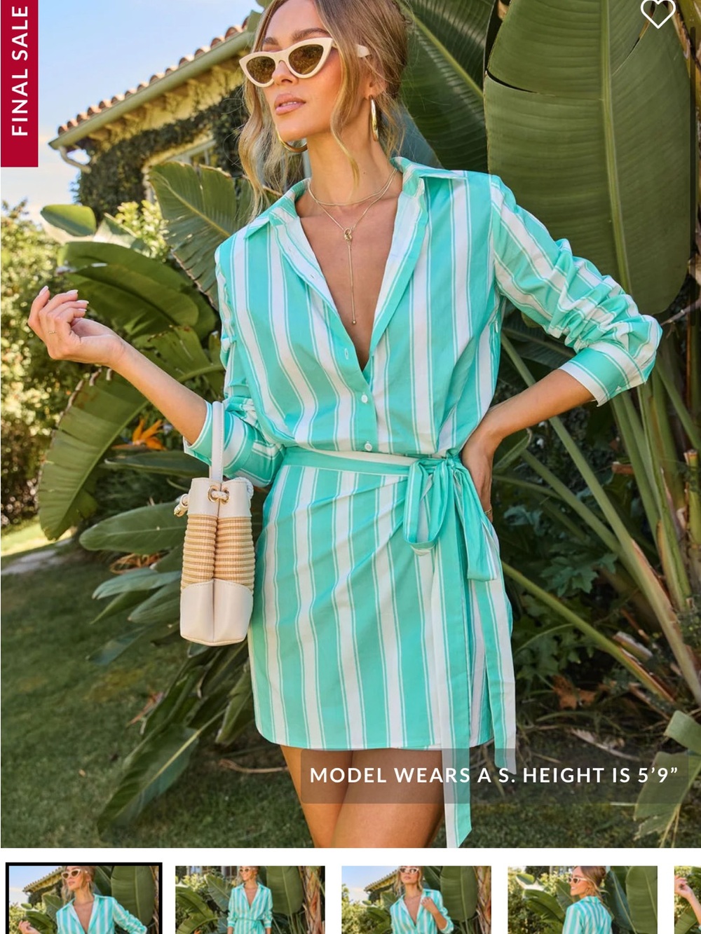Vici Mint Green & White Striped Tie-Waist Shirt Mini Dress